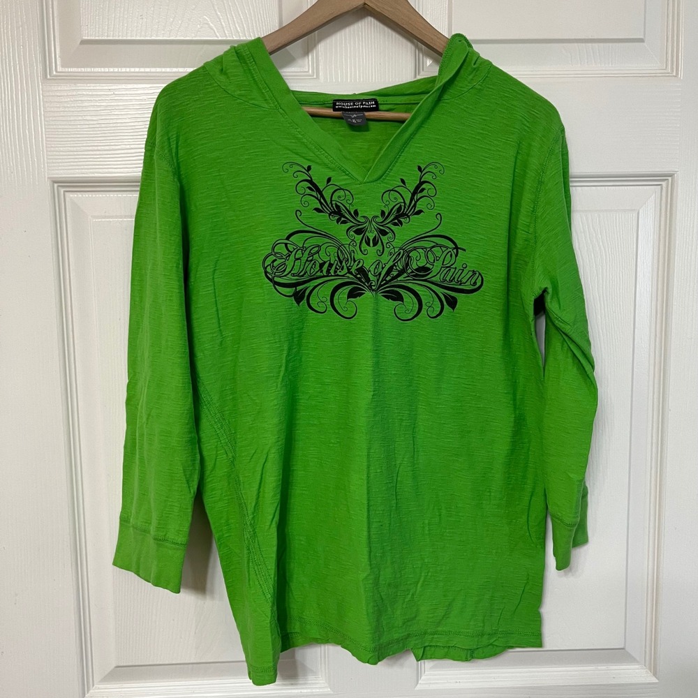 HOUSE OF PAIN Hoodie V‎ Neck Long Sleeve Bright Green Graphic Print Te XL Cotton